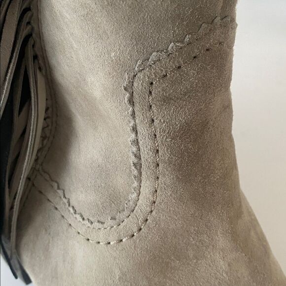 Sam Edelman Taup Leather Fringe Heeled Bootie Sz 9.5 Boho Chic Western Cowgirl - Picture 10 of 12